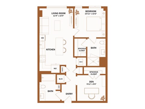 A brown floor plan of a house with a living room, kitchen, dining room, and bathroom.
